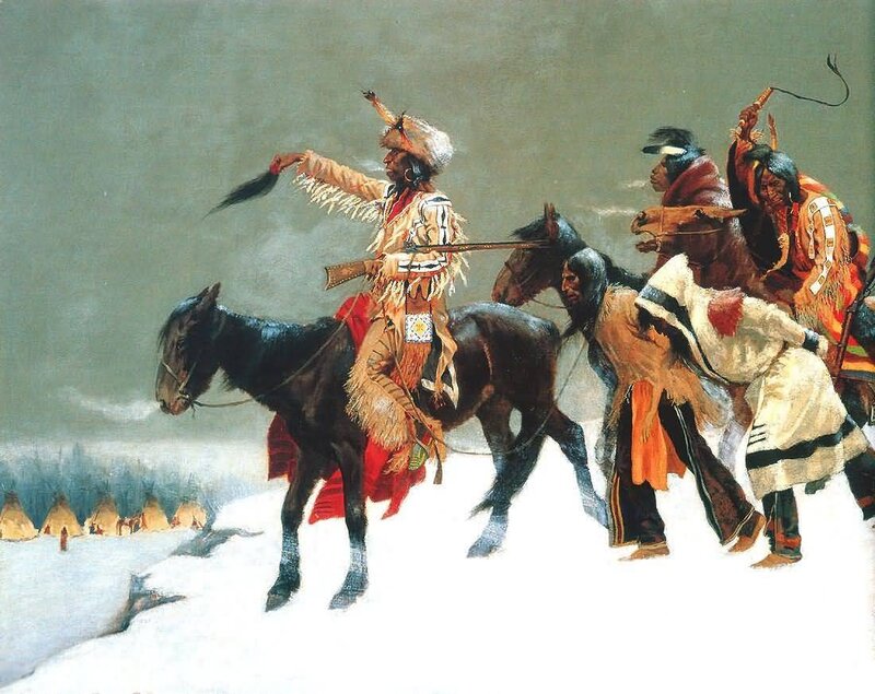Native American Warriors on Horseback — White