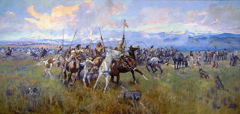 Native American Warriors on Horses — Blue, Dramatic