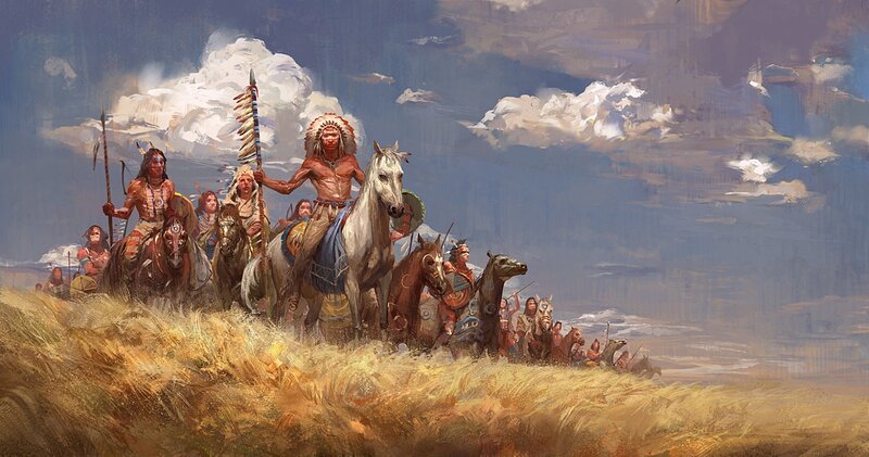 Native American Warriors on Horses — Blue