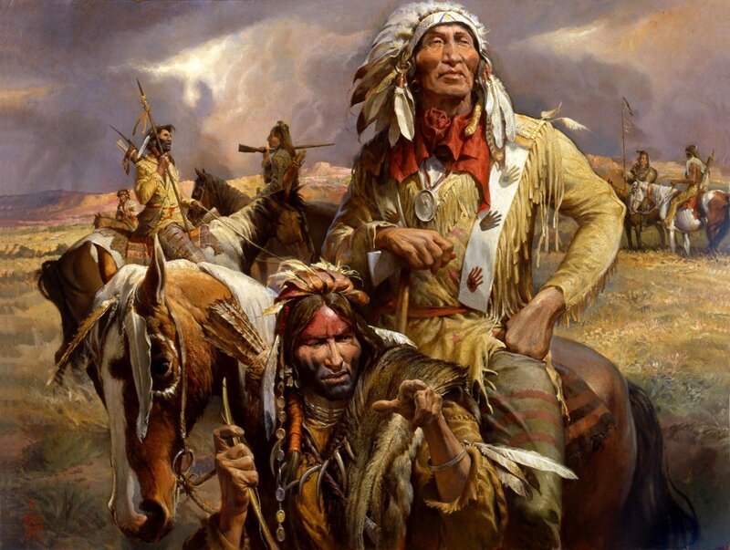 Native American Warriors on Horses — Brown, Dramatic, Afternoon, Painting, Feather Headdresses