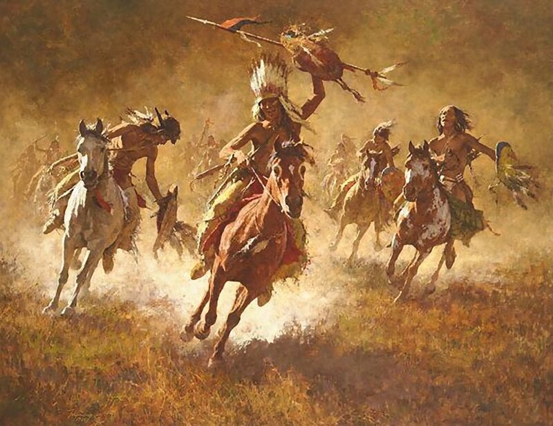 Native American Warriors on Horses — Brown, Dramatic, Afternoon, Painting, Feathered Headdresses