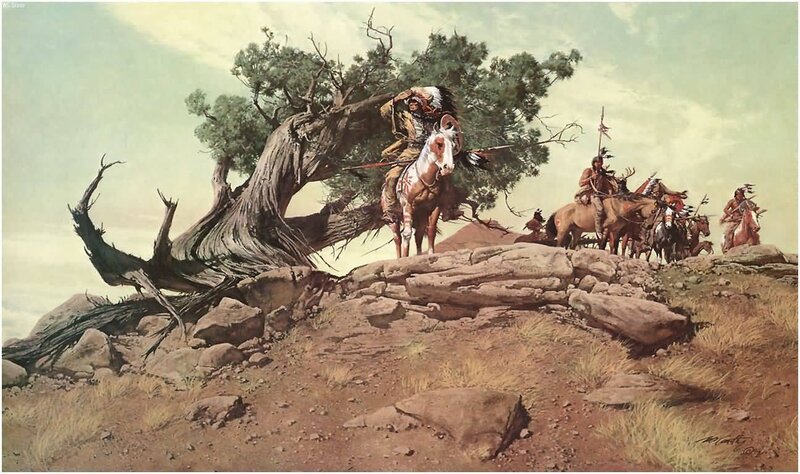 Native American Warriors on Horses — Brown, Dramatic, Afternoon, Painting