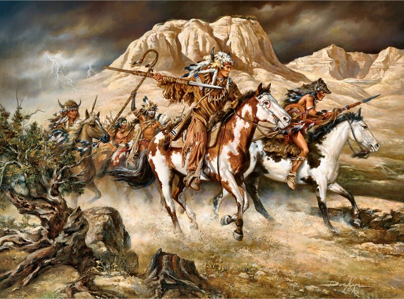 Native American Warriors on Horses — Brown, Dramatic, Painting, Mountains, Lightning