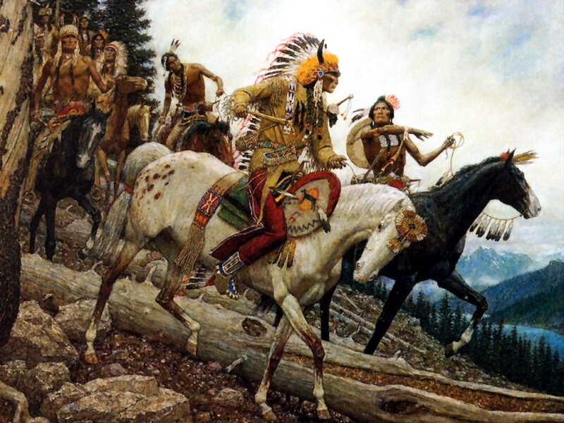 Native American Warriors on Horses — Brown, Dramatic, Painting, Mountains