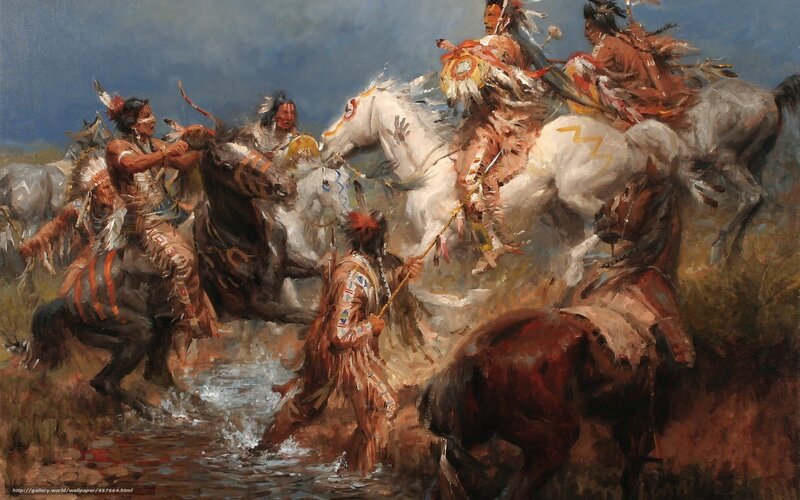 Native American Warriors on Horses — Brown, Dramatic, Painting, River