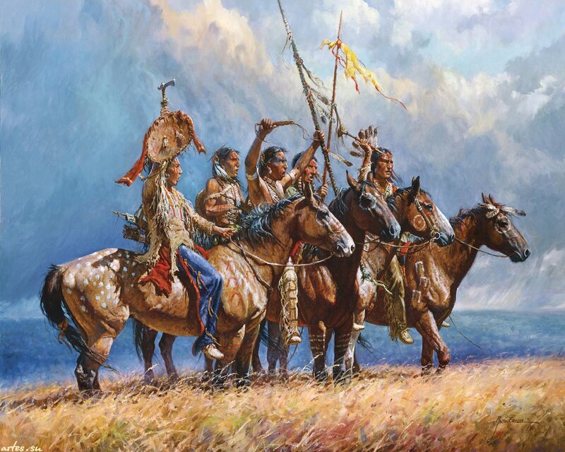 Native American Warriors on Horses — Brown, Dramatic, Painting, Spear