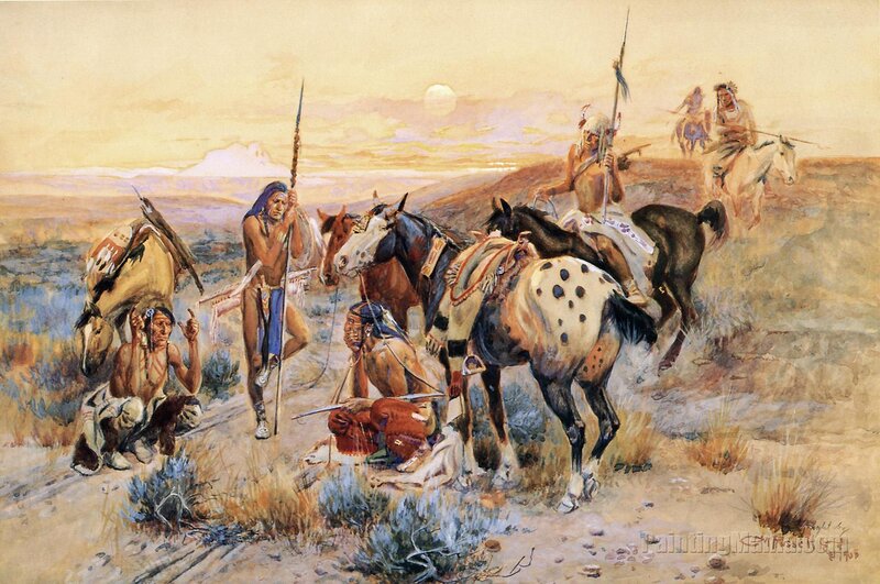 Native American Warriors on Horses — Brown, Dramatic, Sunset, Painting, Spear, Horseback Riders