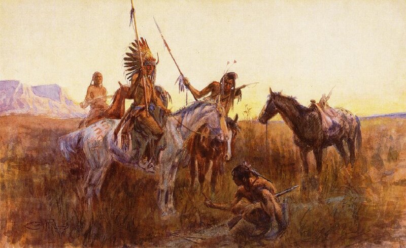 Native American Warriors on Horses — Brown, Dramatic, Sunset, Painting, Spear
