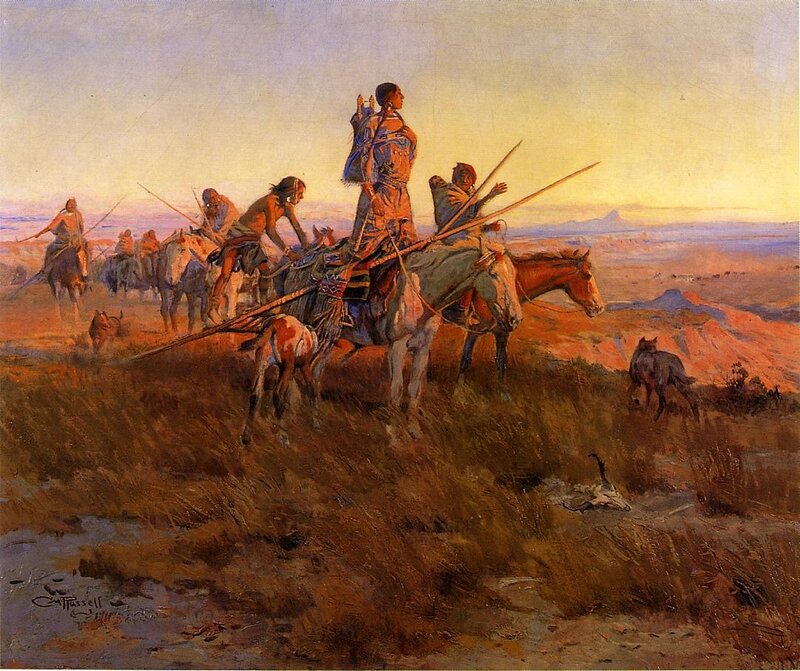 Native American Warriors on Horses — Brown, Dramatic, Sunset, Painting