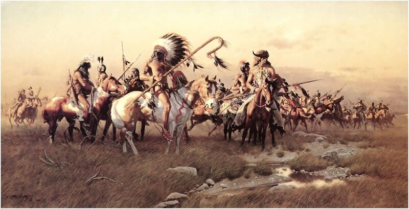 Native American Warriors on Horses — Brown, Dramatic, Sunset