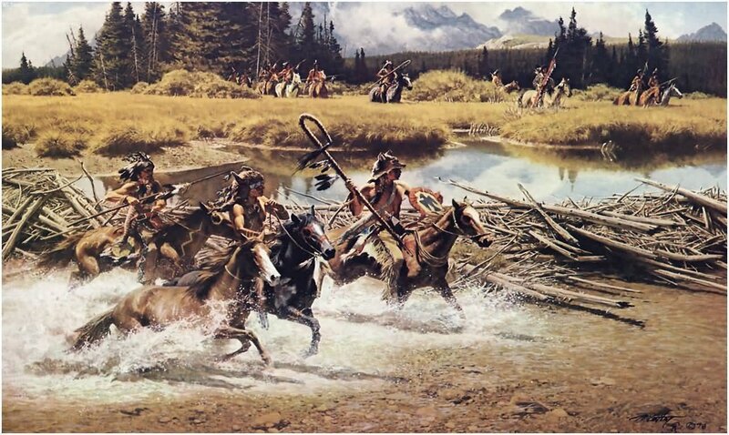 Native American Warriors on Horses — Brown, Dramatic