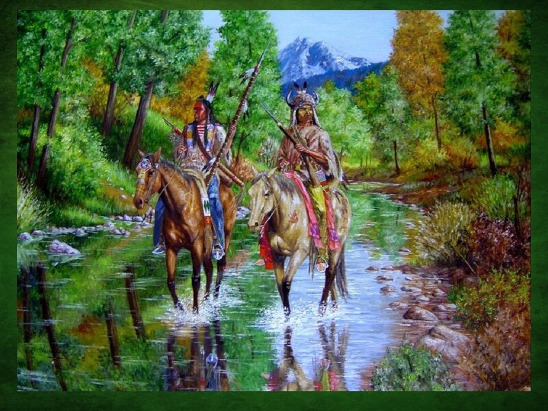 Native American Warriors on Horses — Green, Serene