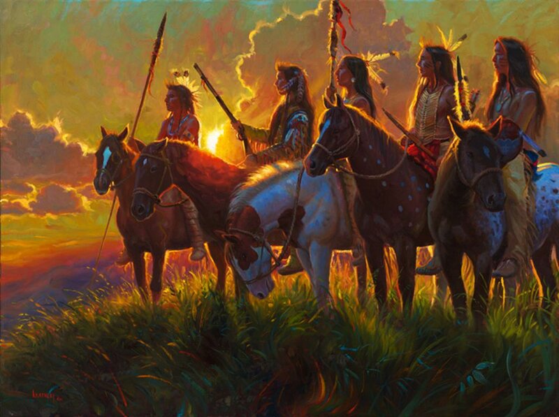 Native American Warriors on Horses — Orange, Dramatic, Sunset