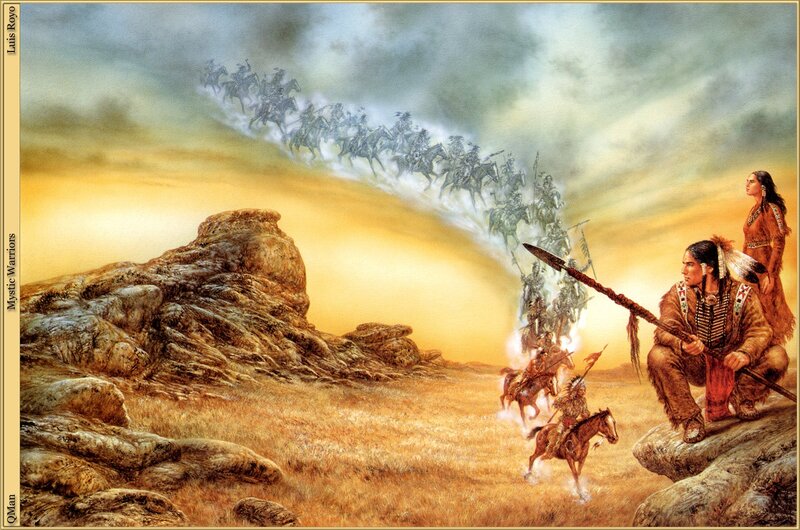 Native American Warriors — Yellow, Dramatic, Sunset, Illustration, Horse