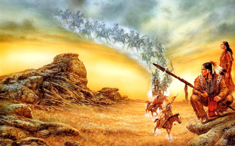 Native American Warriors — Yellow, Dramatic, Sunset, Illustration