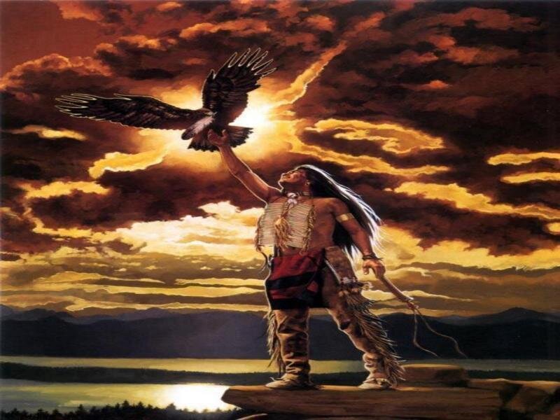 Native American with eagle at sunset