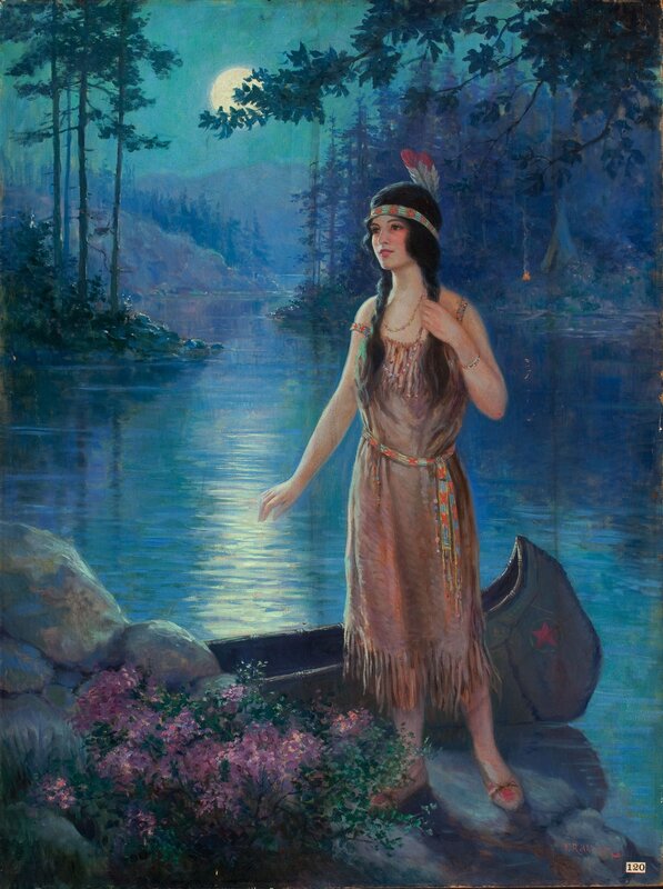 Native American woman by moonlit lake