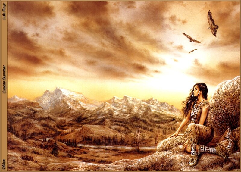 Native American woman in mountain landscape