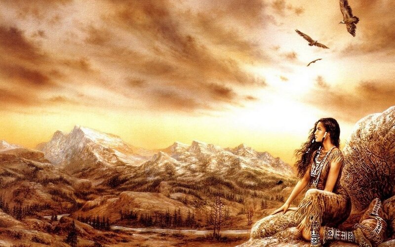 Native American woman in mountain landscape