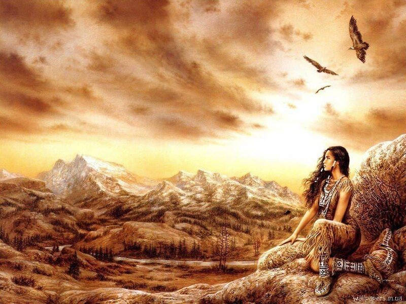 Native American woman in mountain landscape