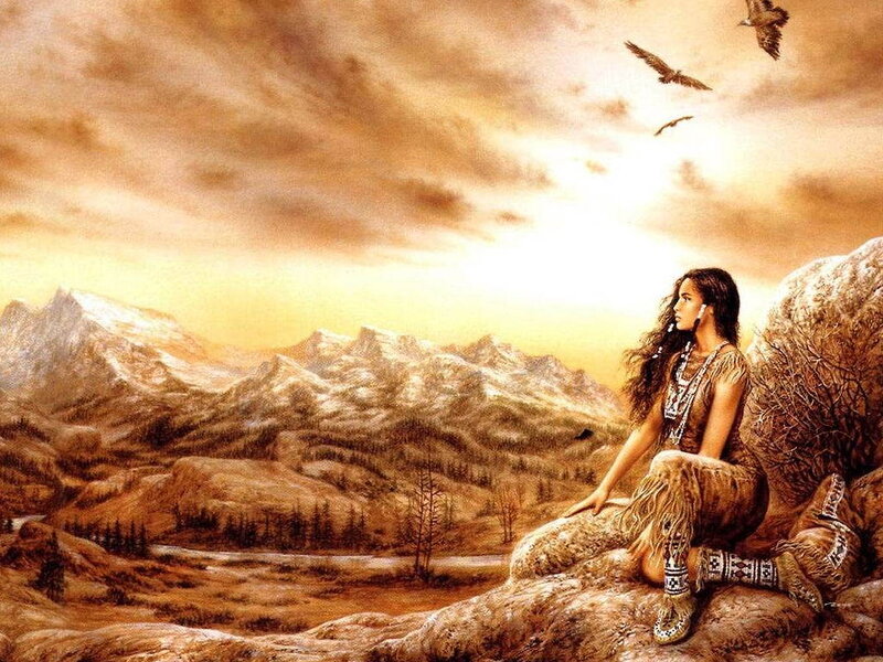 Native American woman in mountain landscape