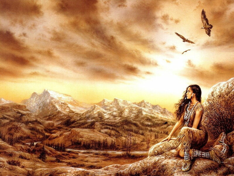 Native American woman in mountain landscape