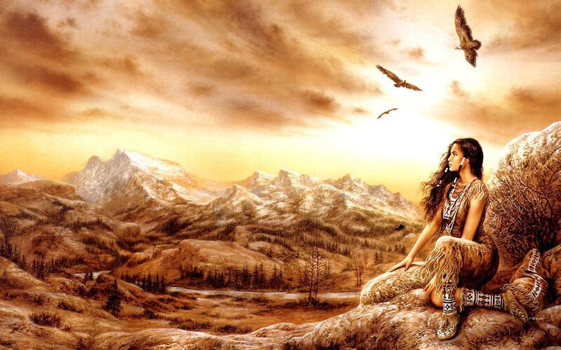 Native American woman in mountain landscape