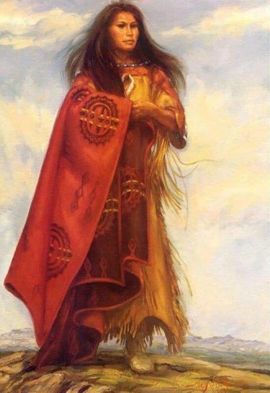 Native American woman in red cloak