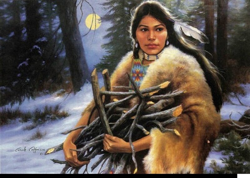 Native American woman in winter forest