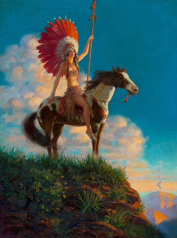 Native American woman on horseback