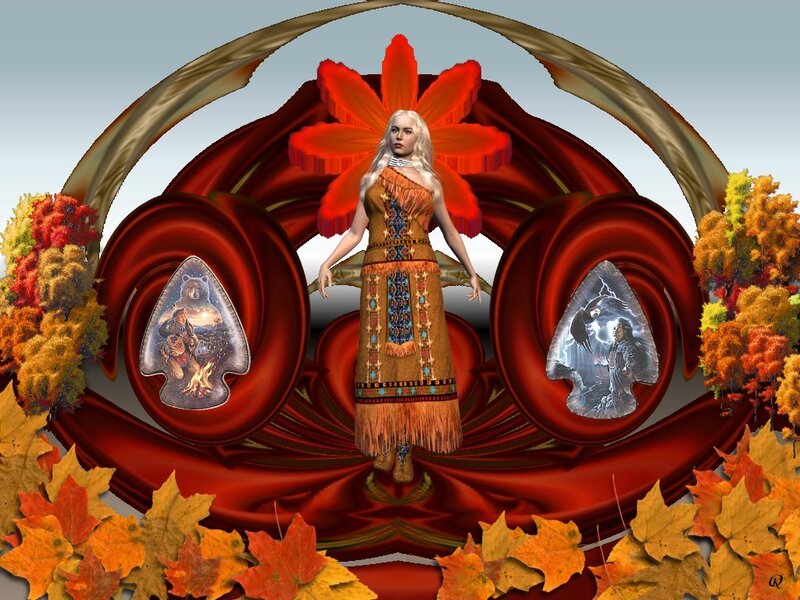 Native American woman with autumn leaves
