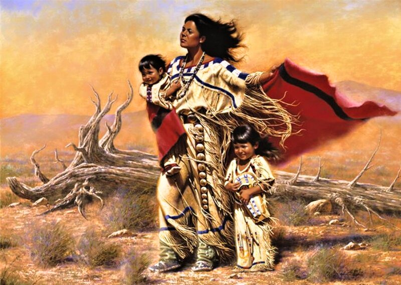 Native American Woman with Children — Yellow