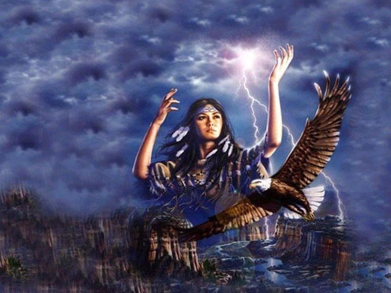 Native American Woman with Eagle — Blue