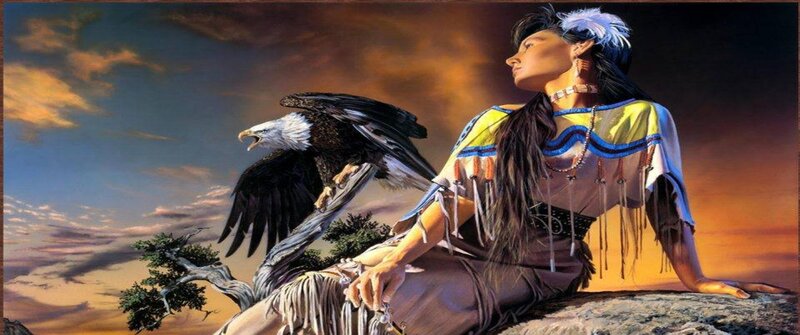 Native American Woman with Eagle — Yellow, Dramatic, Sunset