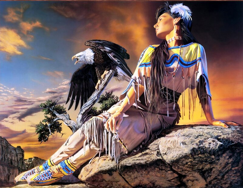 Native American Woman with Eagle — Yellow, Dramatic