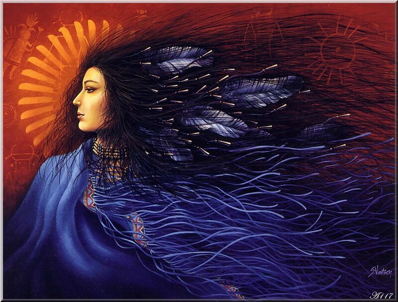 Native American woman with flowing hair