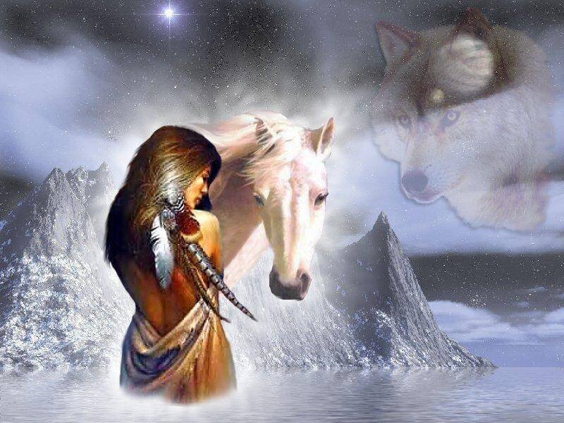 Native American woman with horse and wolf