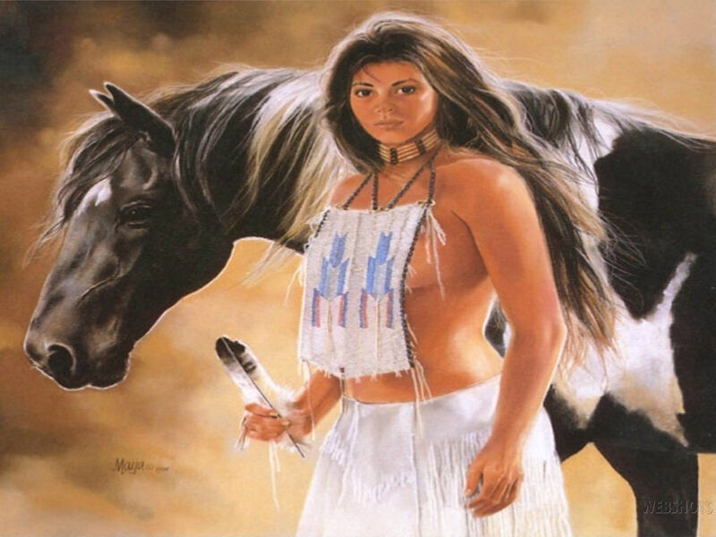 Native American Woman with Horse — Brown, Dramatic