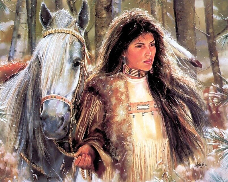 Native American Woman with Horse — Brown