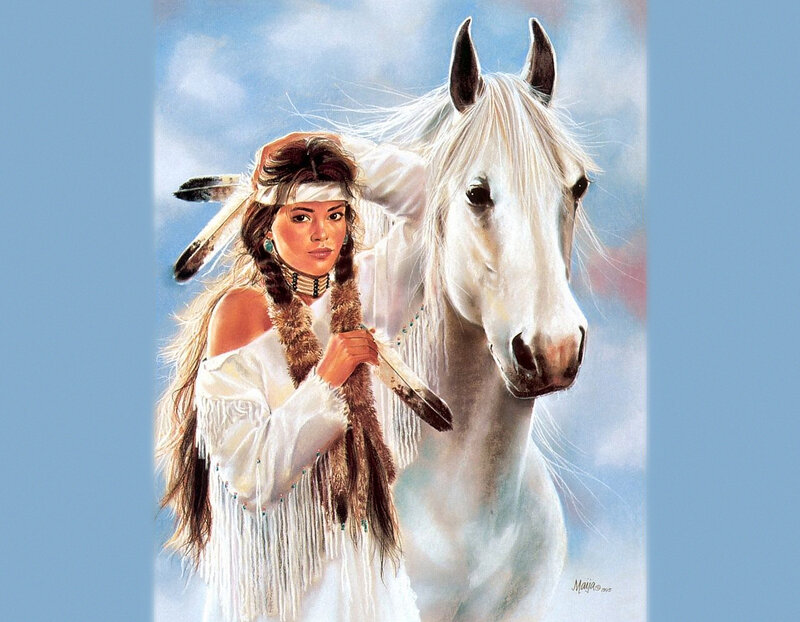 Native American Woman with Horse — White, Serene, Painting
