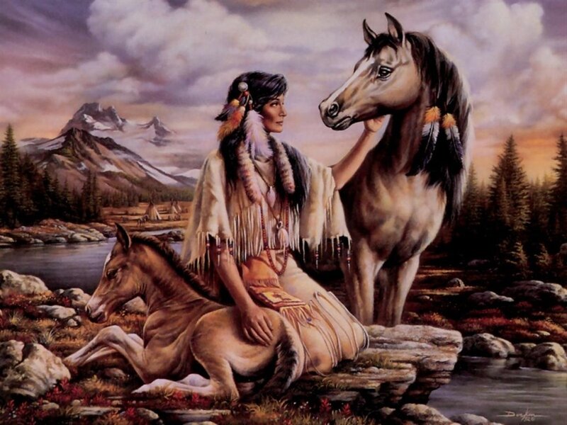 Native American woman with horses