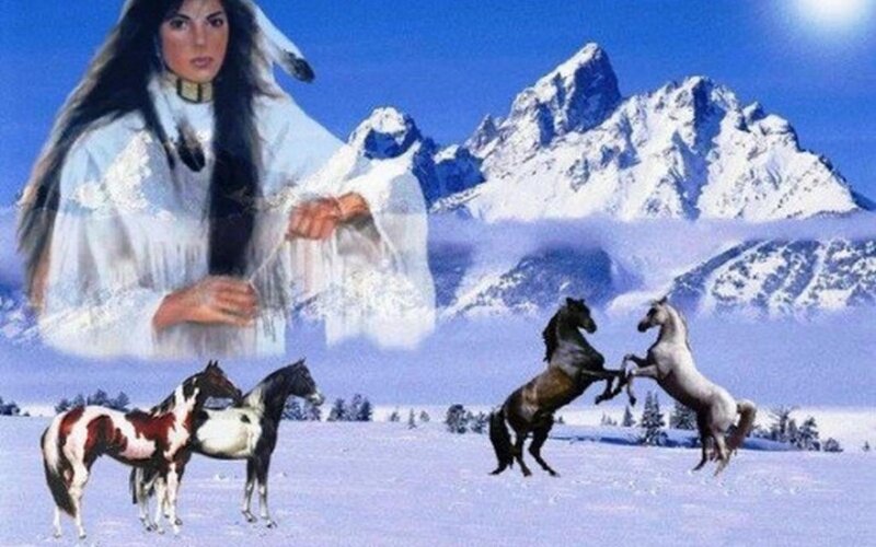 Native American Woman with Horses — Blue, Dramatic