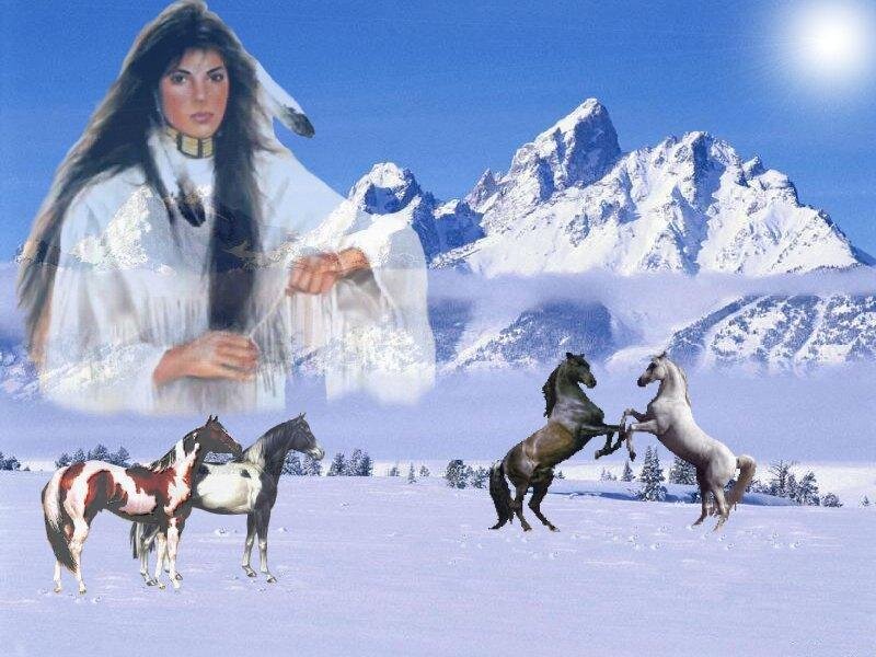 Native American Woman with Horses — Blue