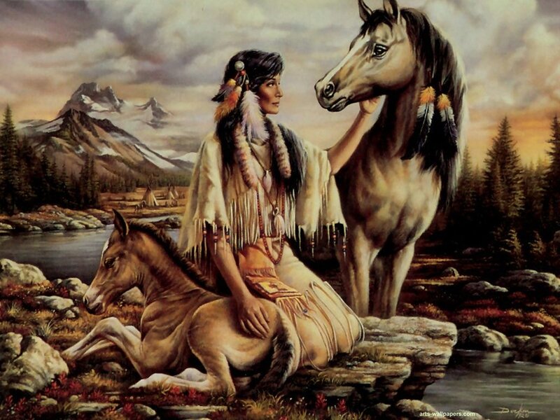 Native American Woman with Horses — Brown