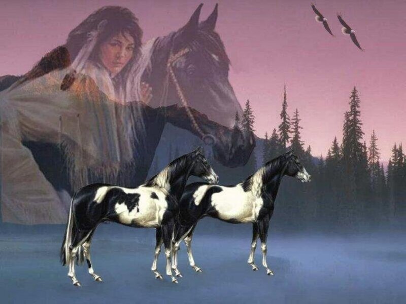 Native American woman with horses