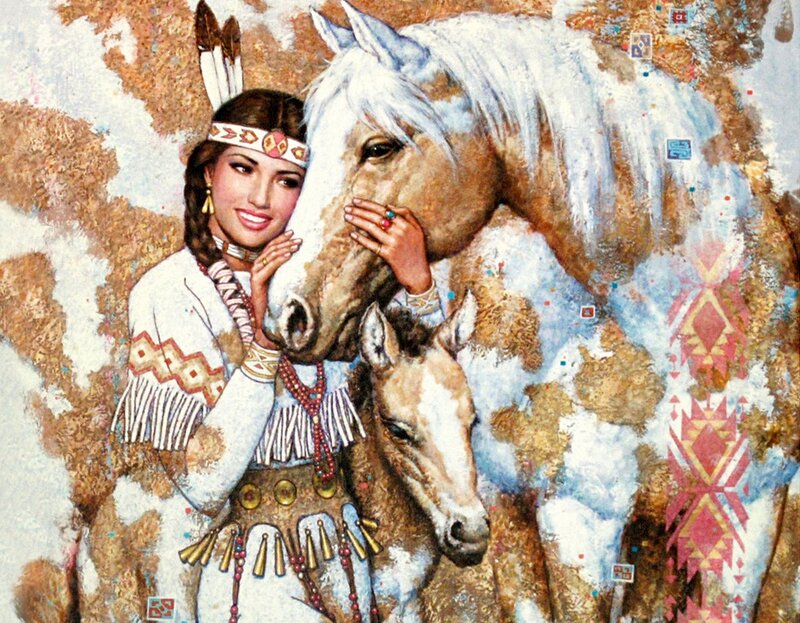 Native American Woman with Horses — White