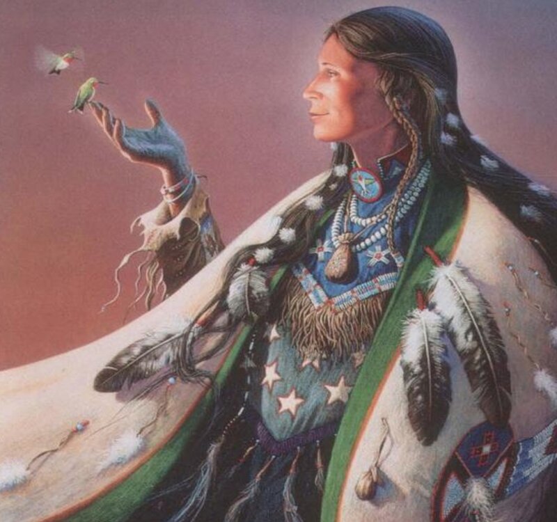Native American woman with hummingbirds