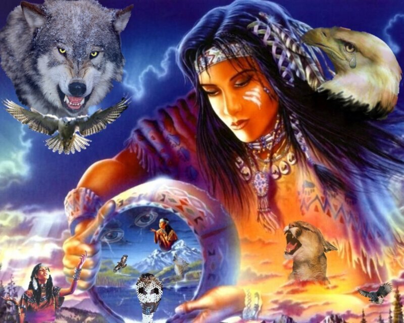 Native American woman with spirit animals