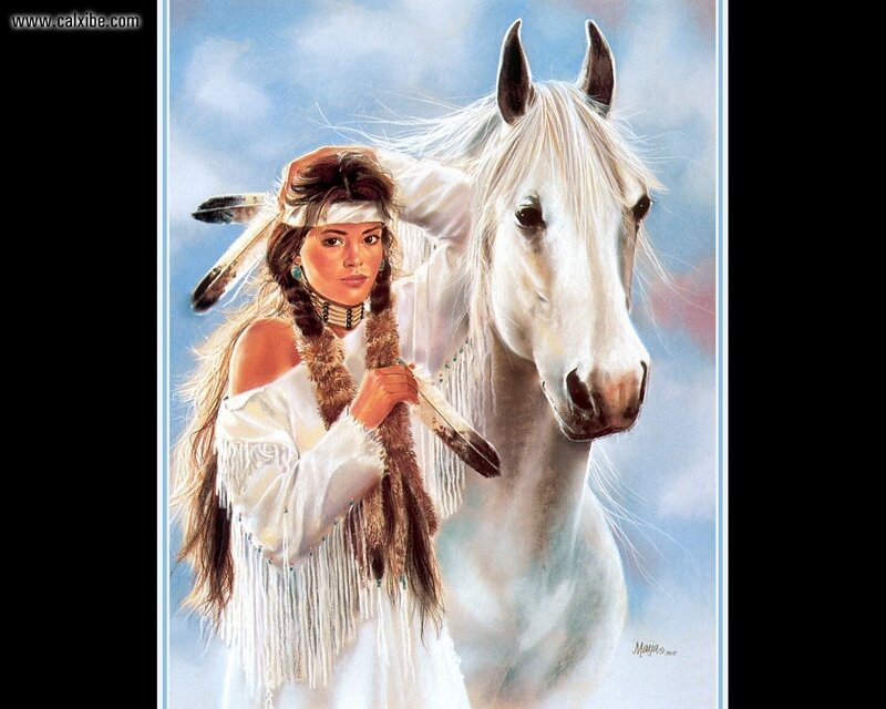 Native American woman with white horse