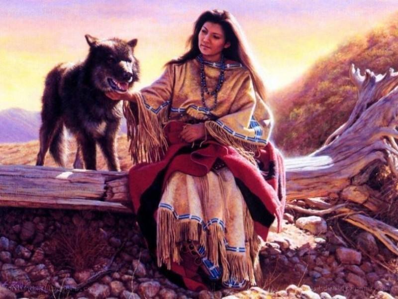 Native American woman with wolf